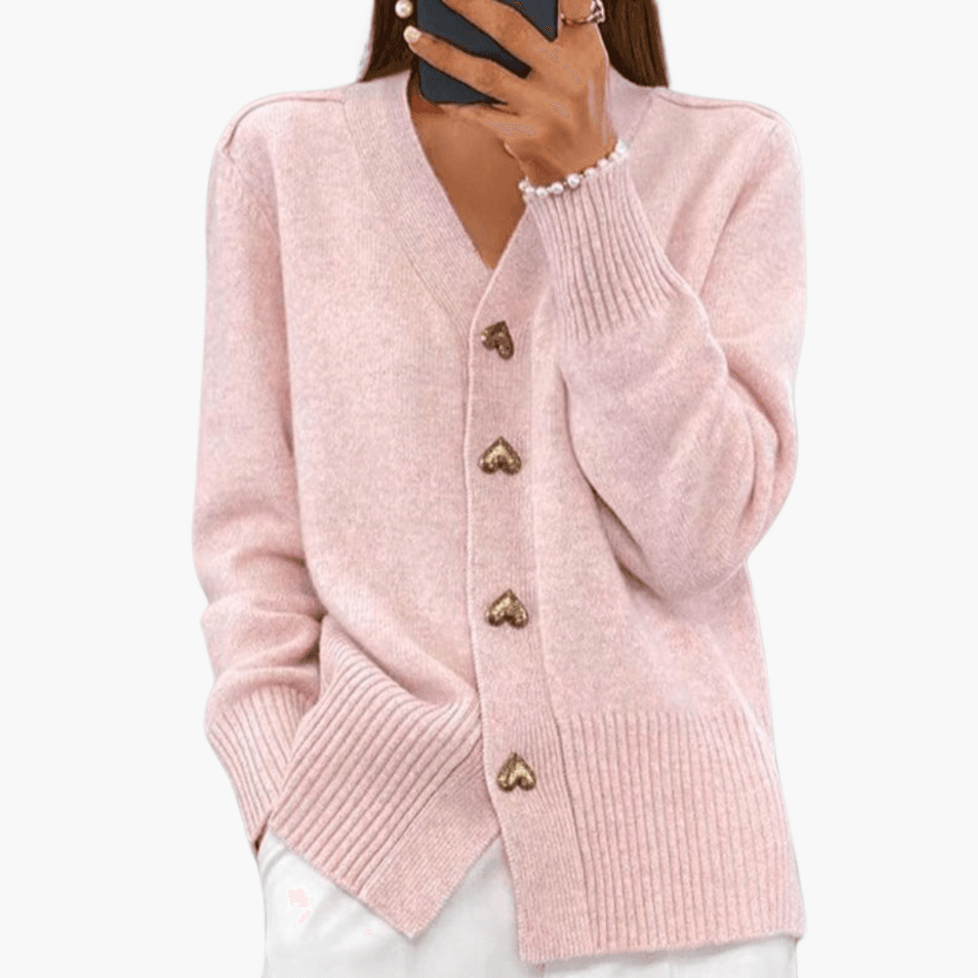 Women’s Button-Up Cardigan with Heart Button Details and Long Sleeves