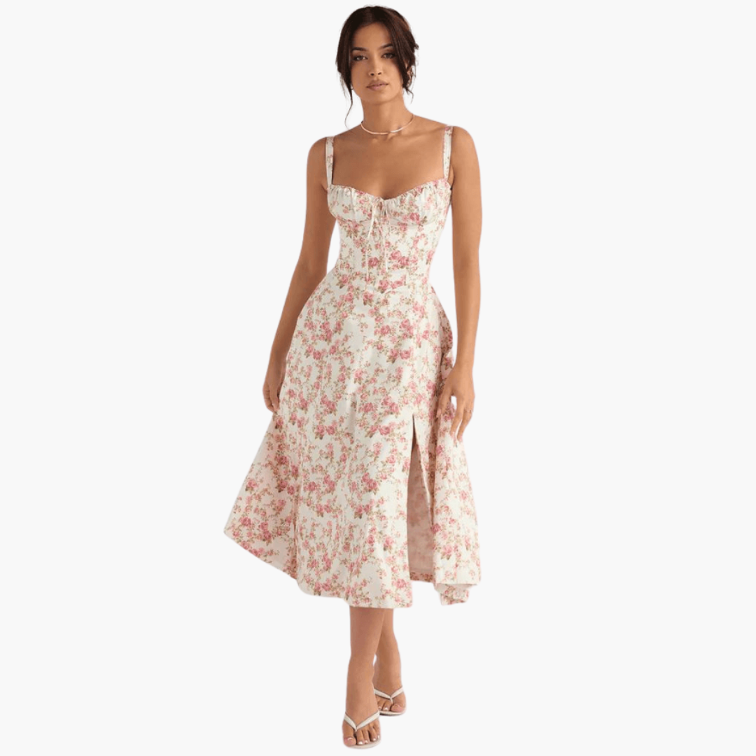 Women’s Midi Dress with Corset Waist and Floral Print