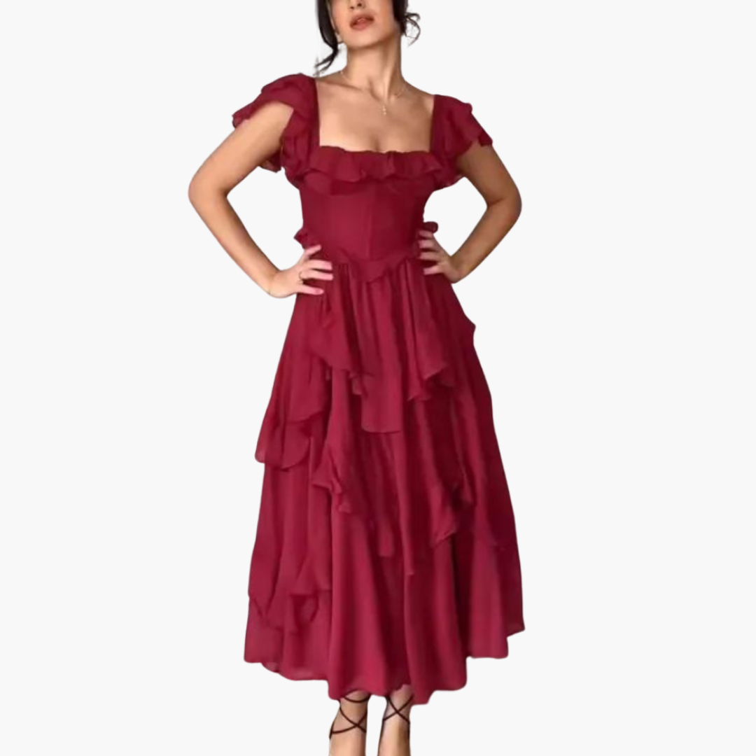 Women’s Off-Shoulder Dress with Layered Ruffles and Flowing Skirt