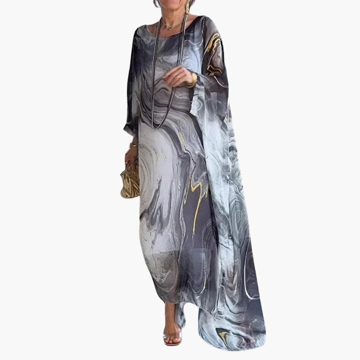 Women’s Maxi Dress with Batwing Sleeves and Round Neckline