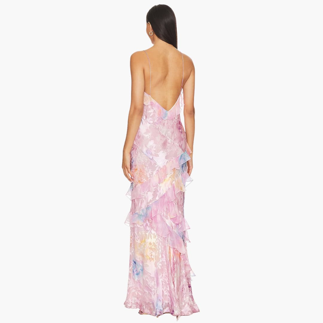 Women Maxi Dress with V-Neck and Ruffle Detail