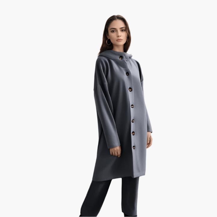 Women Long Hooded Winter Coat with Button-Down Closure and Tailored Fit
