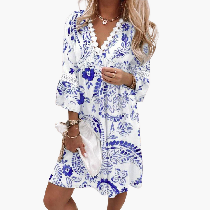 Women’s Mini Dress with Lace Trim and Floral Print
