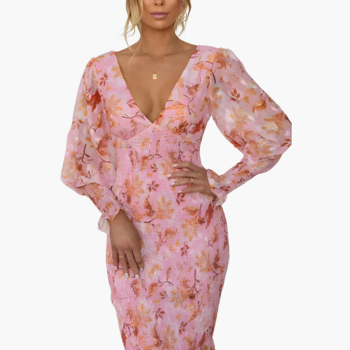 Women’s Midi Dress with V-Neck and Puff Sleeves