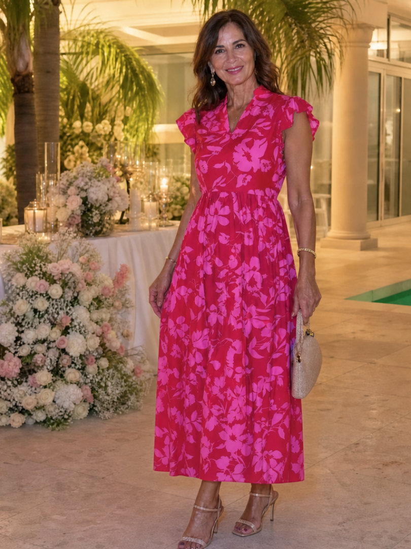 Zame | Sleeveless V Neck Ruffle Trim Midi Dress