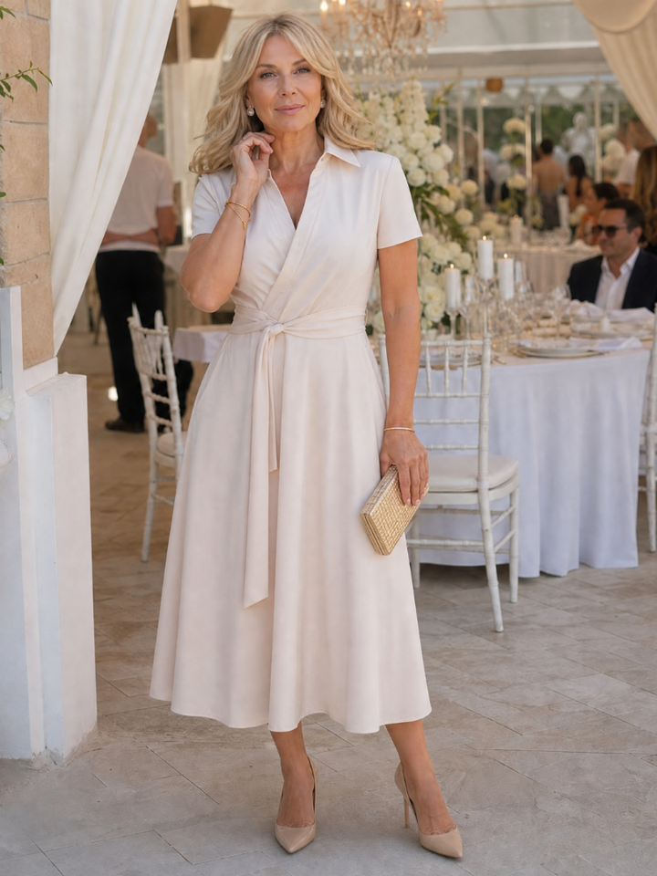 Eleq | Short Sleeve Collared Wrap Waist Midi Dress
