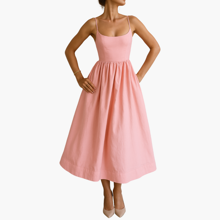 Women’s Elegant Sleeveless Midi Dress with Tailored Bodice and Flared Skirt