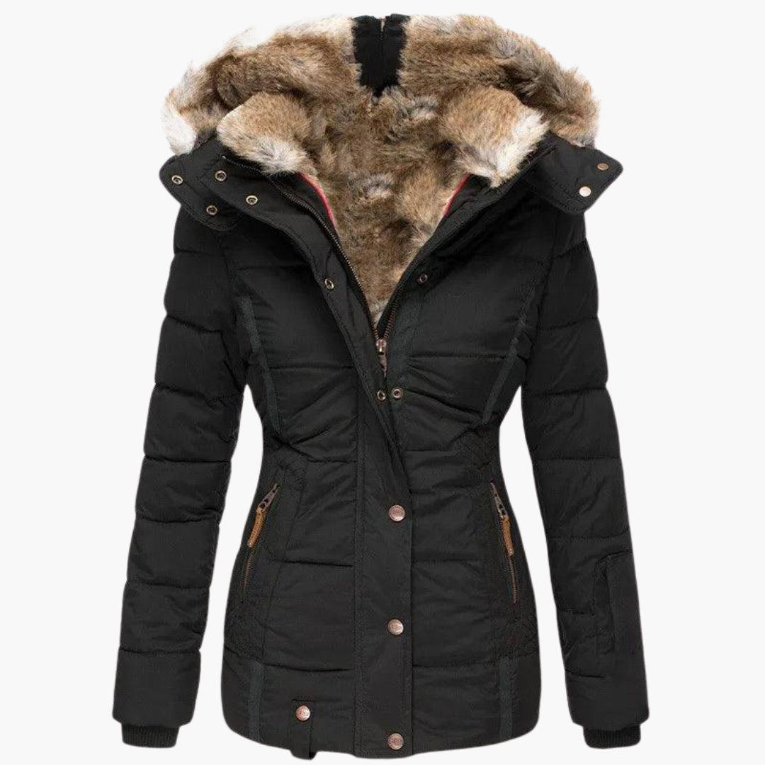 Women Hooded Parka Jacket with Fur Lining and Slim Fit