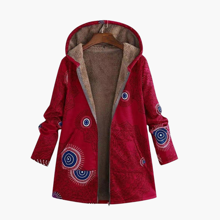 Women’s Hooded Parka Jacket with Sherpa Lining and Geometric Pattern