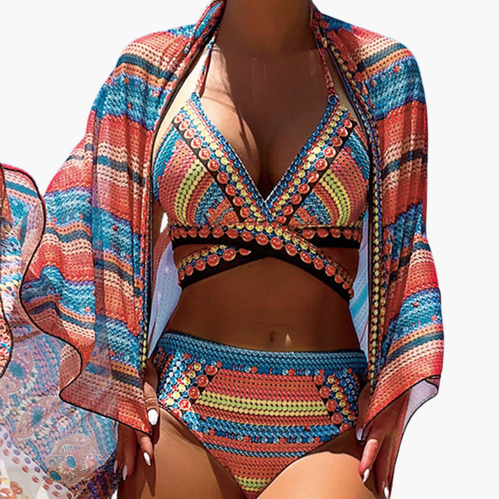 Women’s Bikini Set with High - Waisted Bottoms and Cover-Up