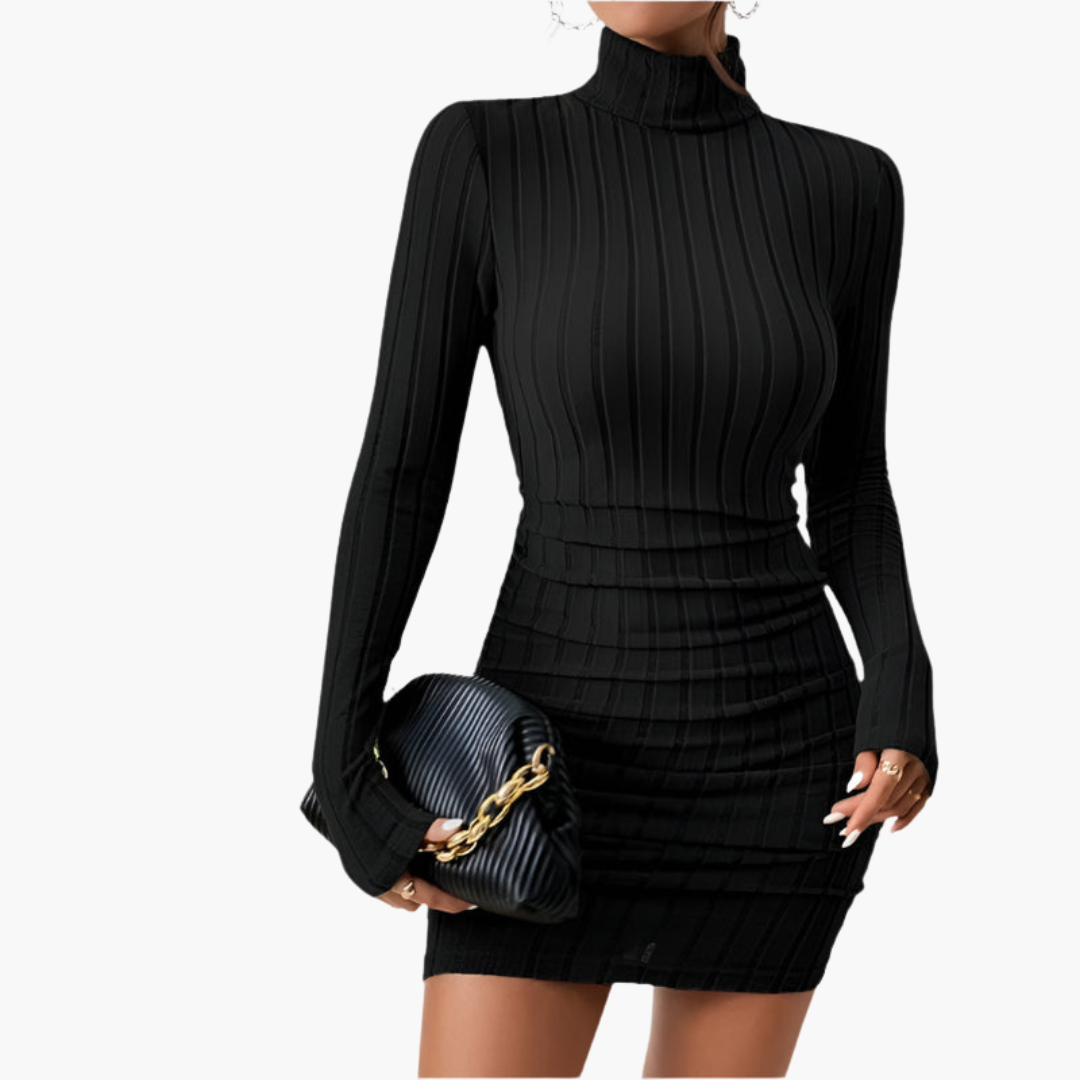 Women’s Turtleneck Dress with Ribbed Texture and Long Sleeves