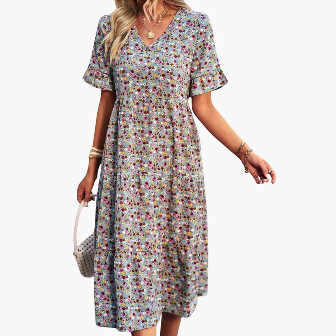 Women’s Midi Dress with V‑Neck and Gathered Waist