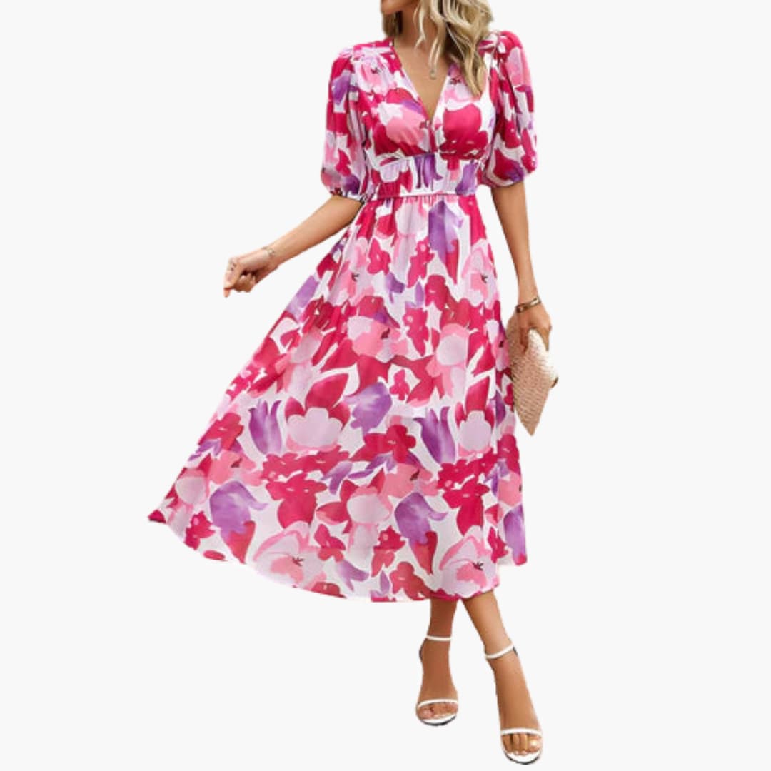 Women’s Midi Dress with Lantern Sleeves and Flared Skirt