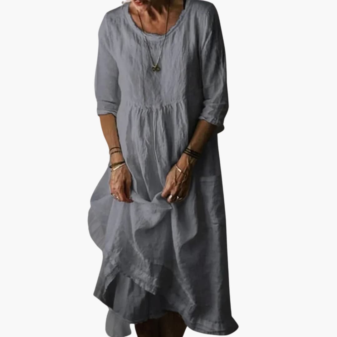 Women’s Midi Dress with Pleated Bodice and Asymmetrical Hemline