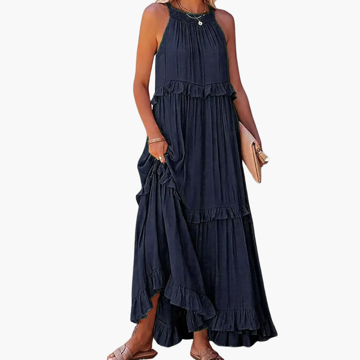 Women’s Maxi Dress with Cascading Ruffle Tiers and Adjustable Straps