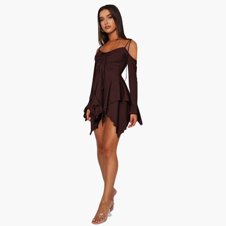 Women’s Mini Dress with Off-the-Shoulder Neckline and Layered Design