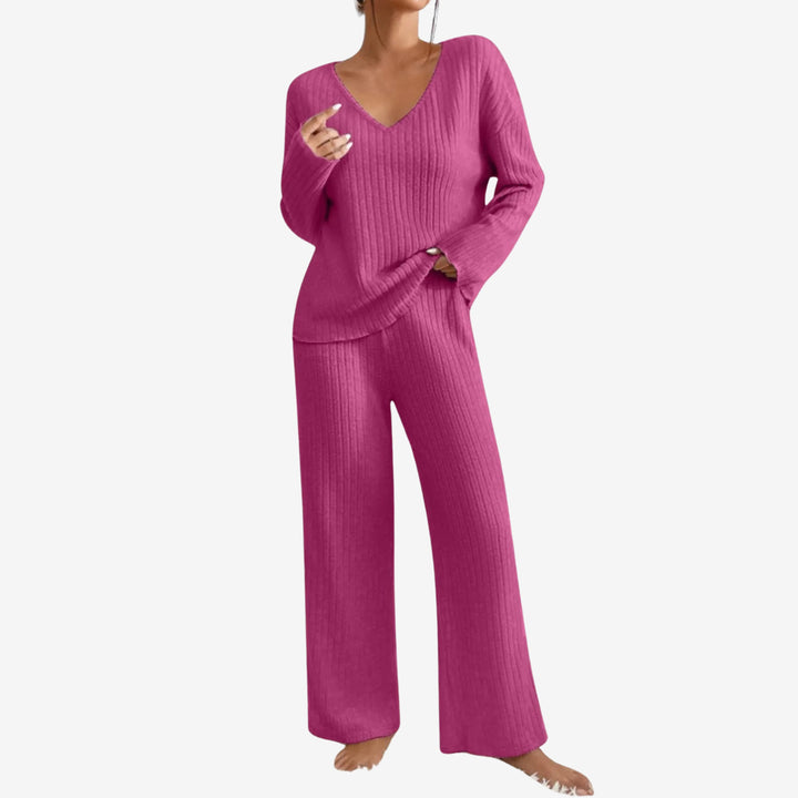 Women’s Ribbed Two-Piece Lounge Set with Long Sleeve Top and Trousers