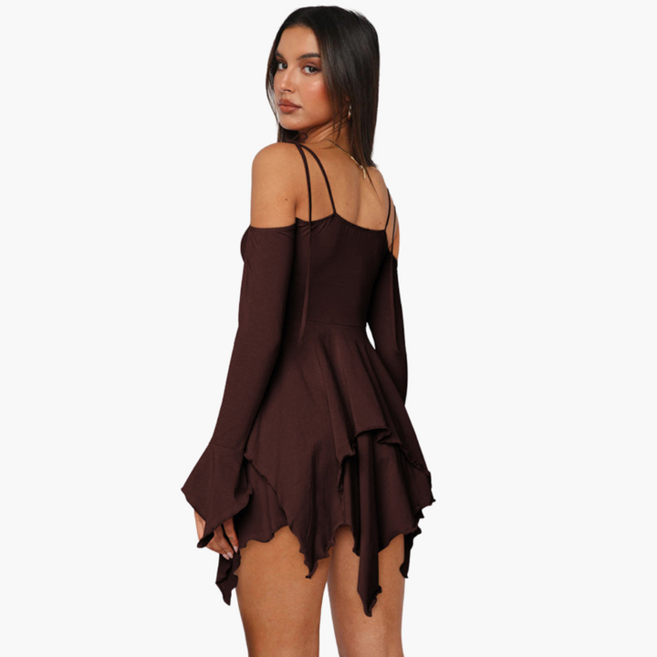Women’s Mini Dress with Off-the-Shoulder Neckline and Layered Design