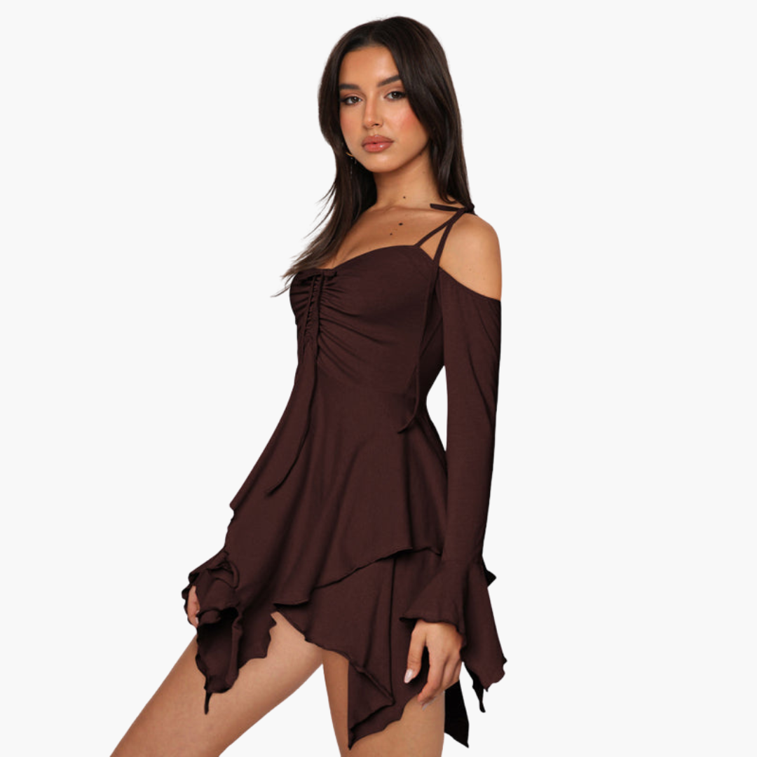 Women’s Mini Dress with Off-the-Shoulder Neckline and Layered Design