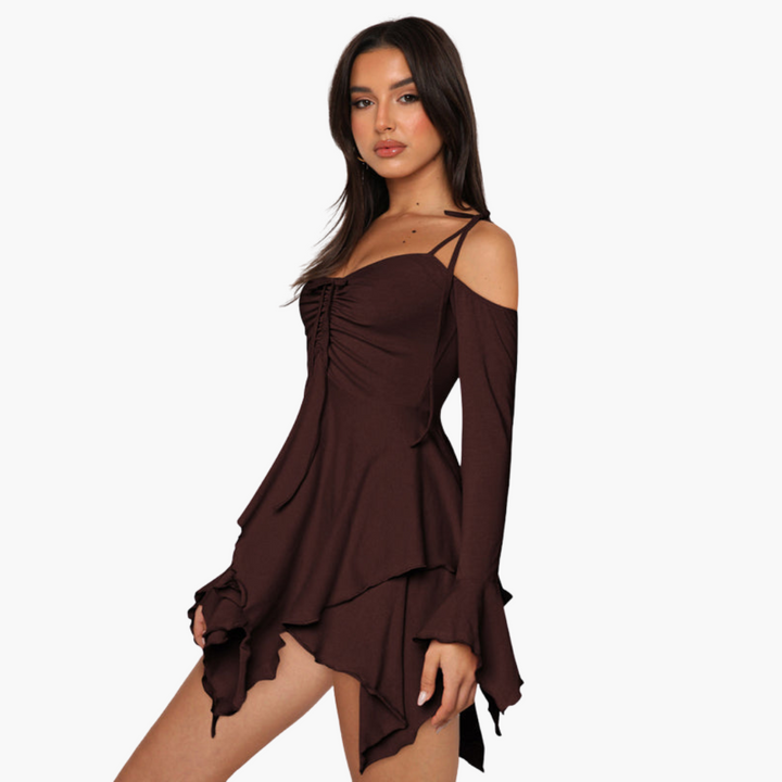 Women’s Mini Dress with Off-the-Shoulder Neckline and Layered Design