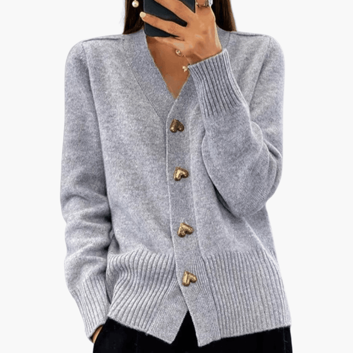 Women’s Button-Up Cardigan with Heart Button Details and Long Sleeves