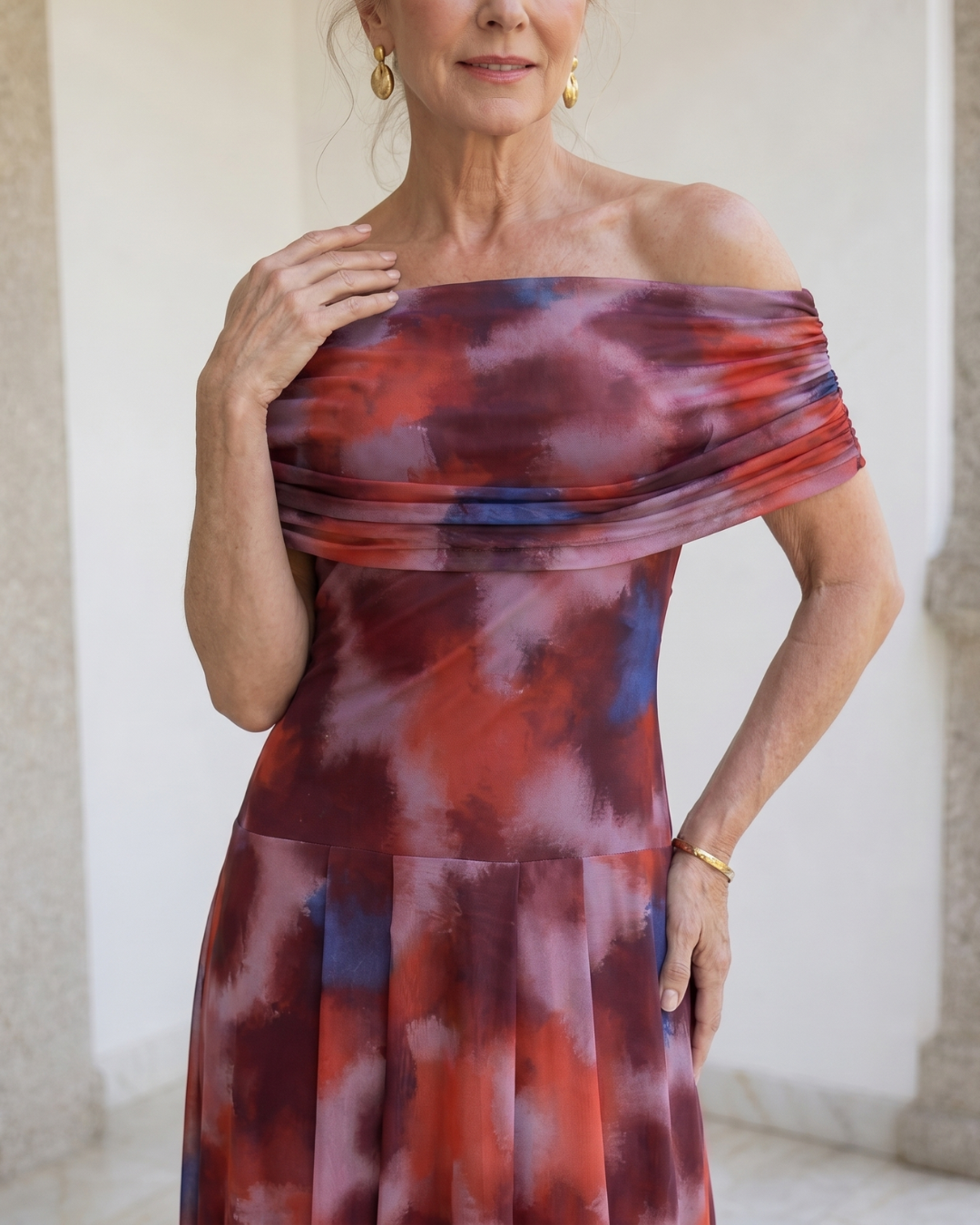 Violla | Off Shoulder Watercolor Print Flowing Midi Dress
