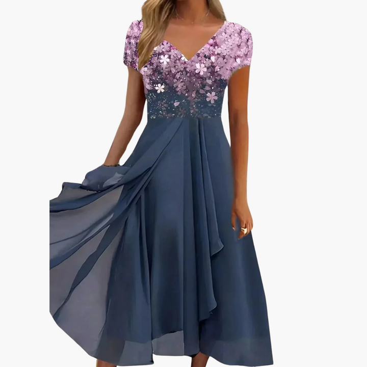 Women’s Midi Dress with V Neckline and Draped Skirt