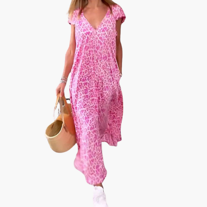 Women’s Midi Dress with V-Neck and Leopard Print