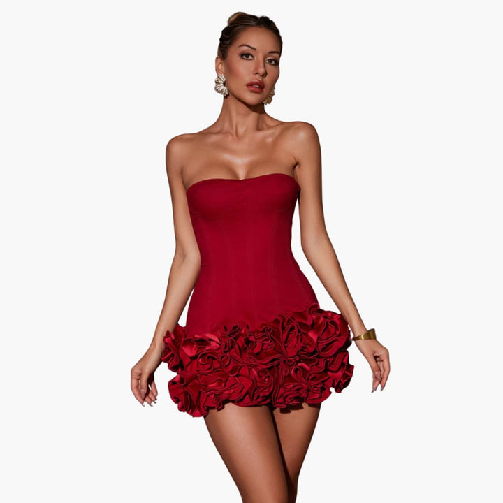 Women’s mini dress with strapless corset bodice and ruffled skirt