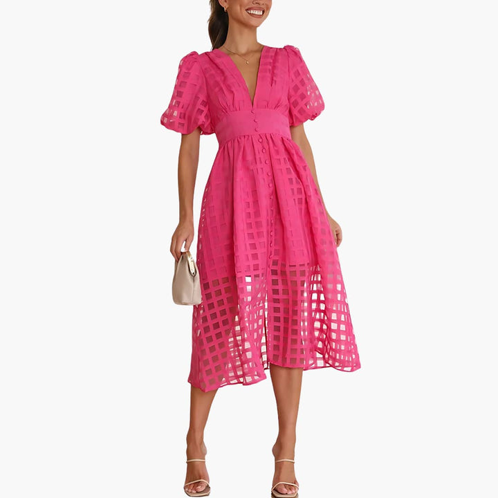 Women’s Midi Dress with Grid Overlay and Buttons