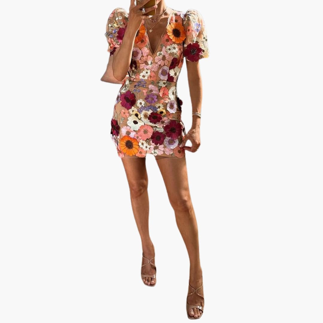 Women’s mini dress with V-neckline and puff sleeves
