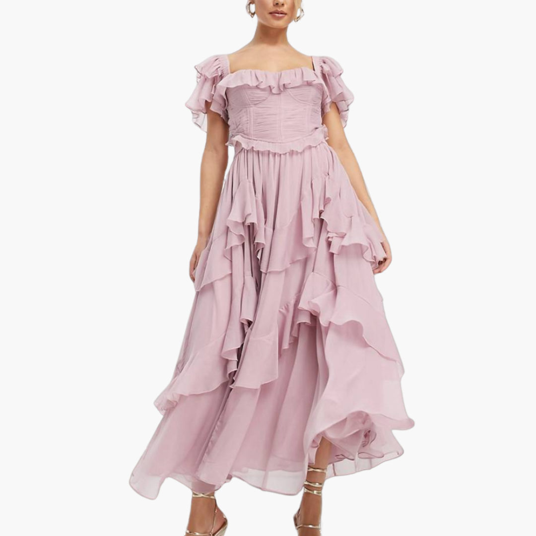 Women’s Off-Shoulder Dress with Layered Ruffles and Flowing Skirt