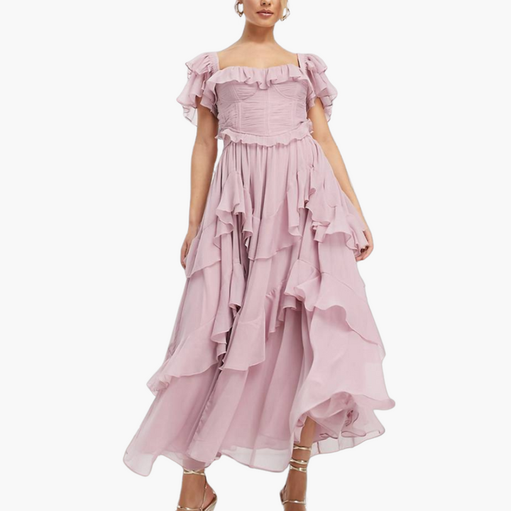 Women’s Off-Shoulder Dress with Layered Ruffles and Flowing Skirt