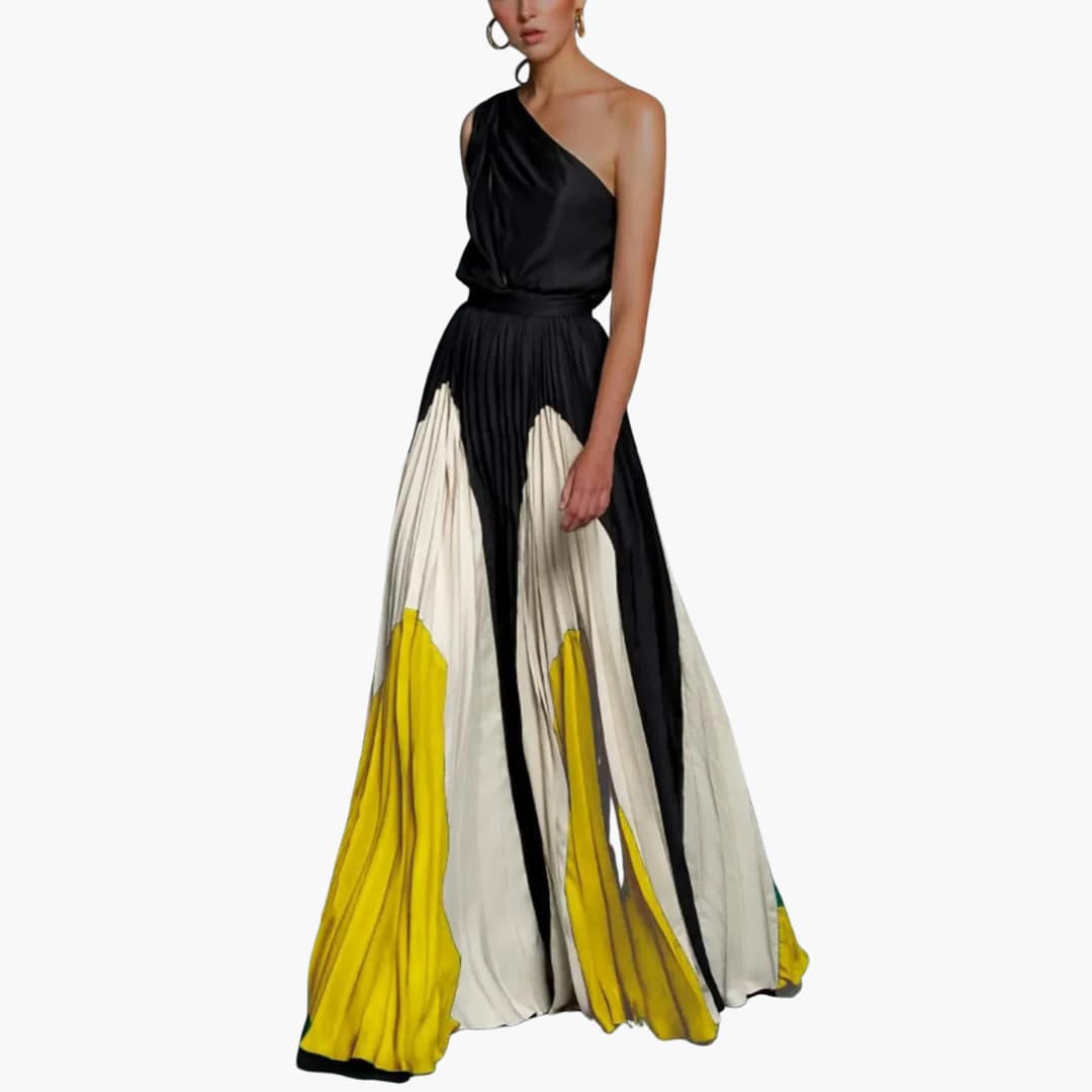 Women’s maxi dress with one-shoulder neckline and pleated skirt