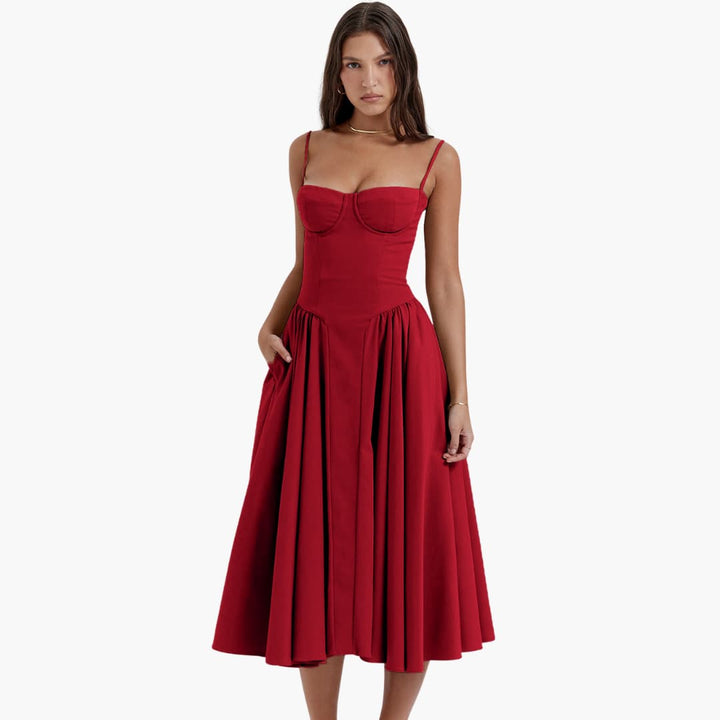Women’s Midi Dress with Square Neck and Pleated Skirt