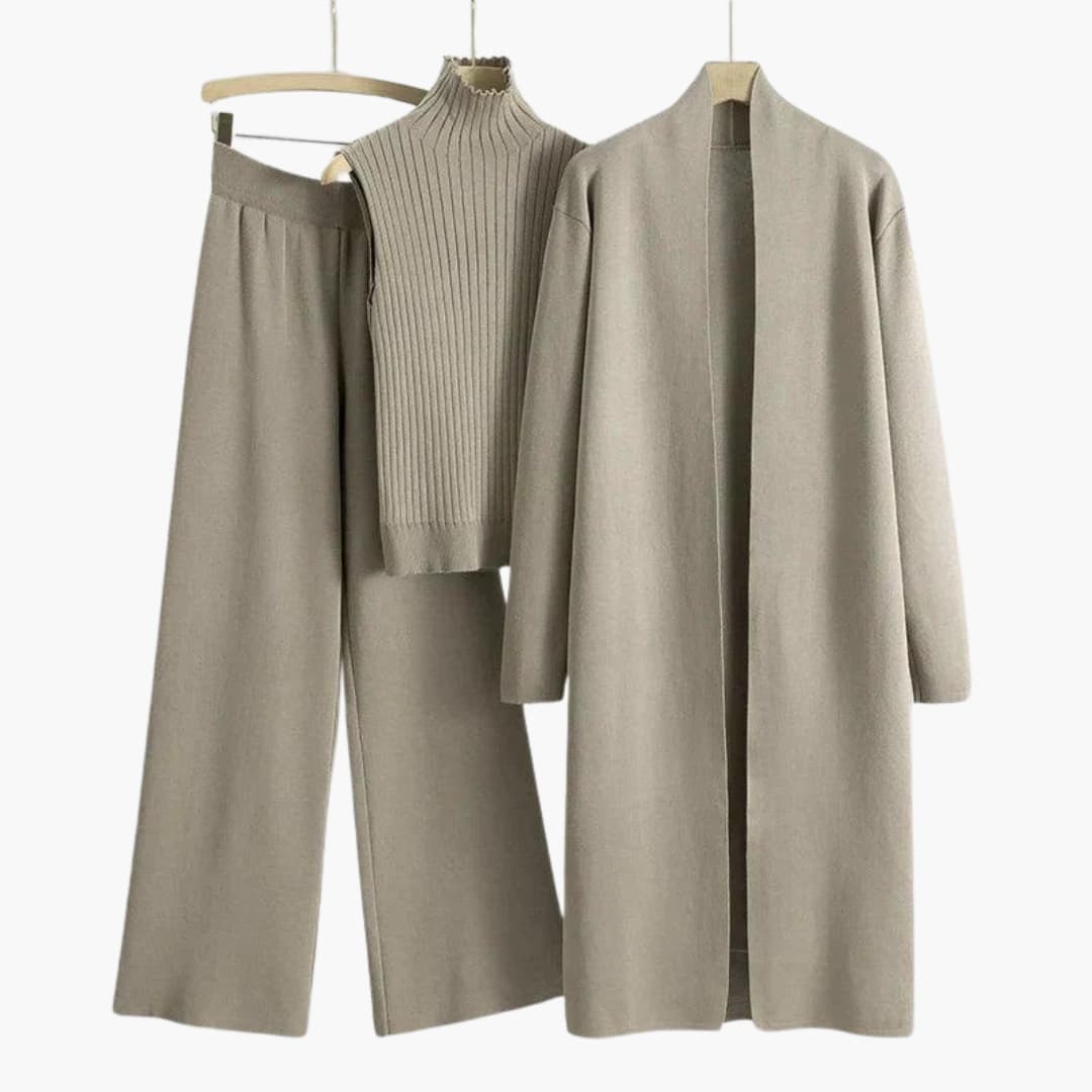 Women’s Three-Piece Knit Set with Sleeveless Roll Neck and Wide-Leg Trousers