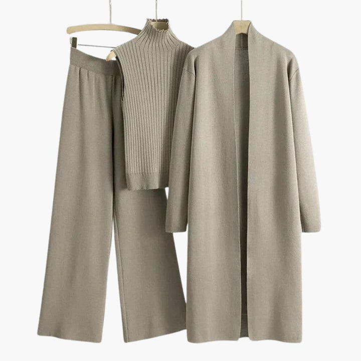 Women’s Three-Piece Knit Set with Sleeveless Roll Neck and Wide-Leg Trousers