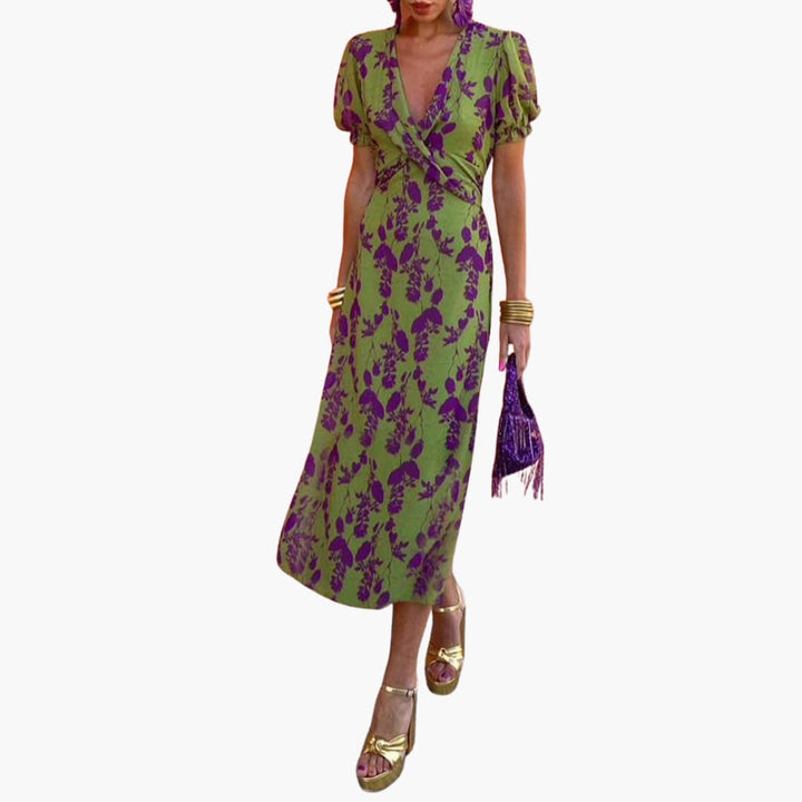 Women’s Midi Dress with Puff Sleeves and Twist Waist