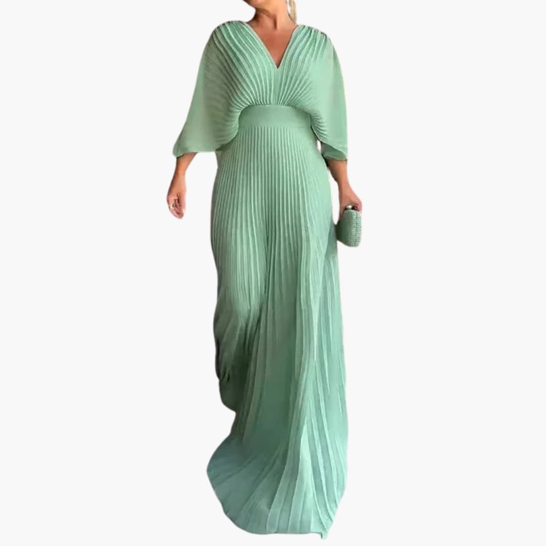 Women’s Formal Pleated Maxi Dress with Draped Sleeves