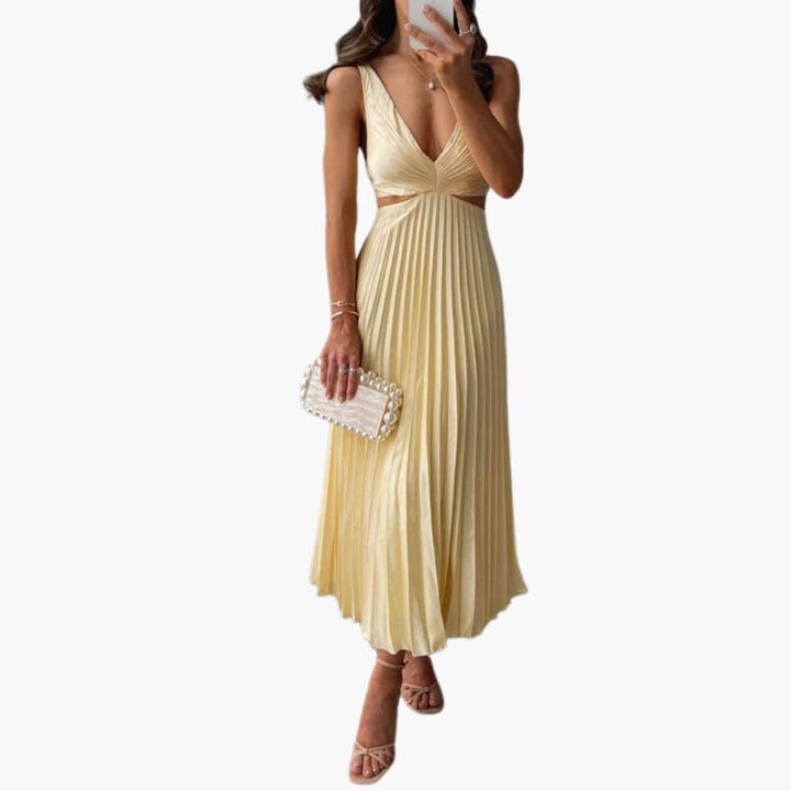 Women’s Midi Dress with Pleated Neckline and Structured Waist