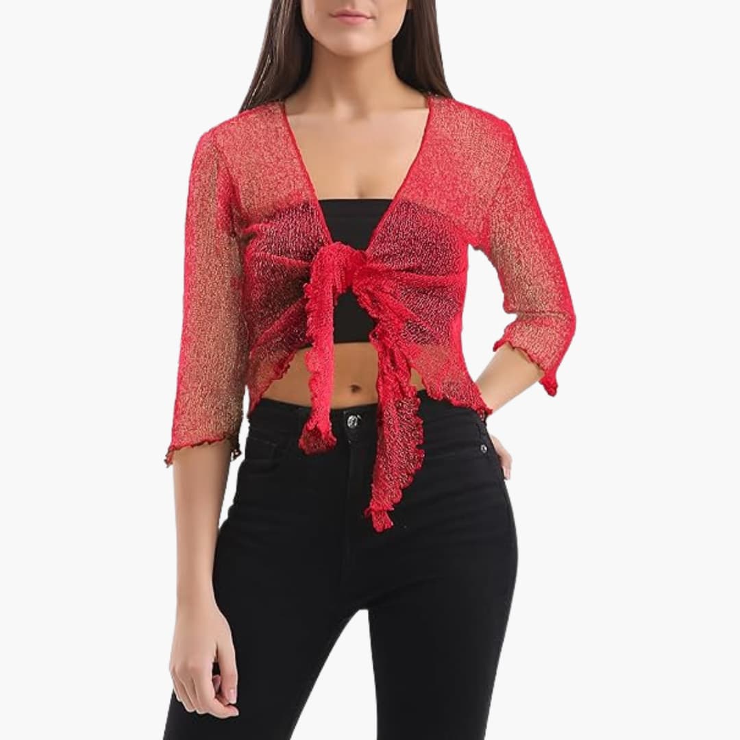Women’s Cropped Tie-Up Shrug with Three-Quarter Sleeves and Sheer Knit