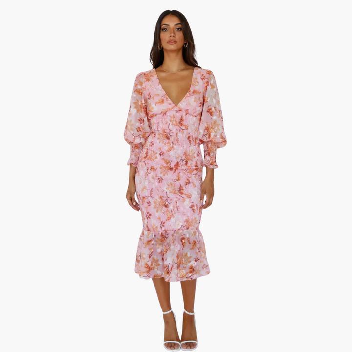 Women’s Midi Dress with V-Neck and Puff Sleeves