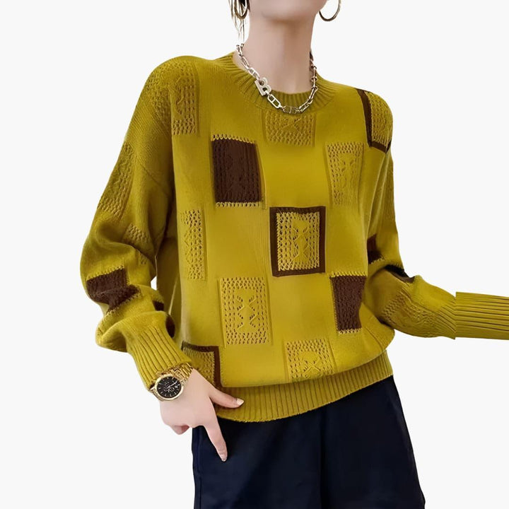 Women’s Patchwork Knit Sweater with Long Sleeves and Pullover Style