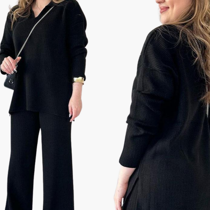 Women’s V-Neck Two-Piece Set with Wide-Leg Trousers