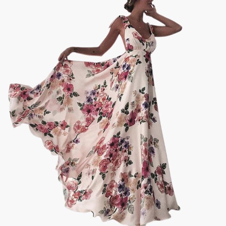 Women’s Sleeveless Floral Maxi Dress with Plunging Neckline and Open Back