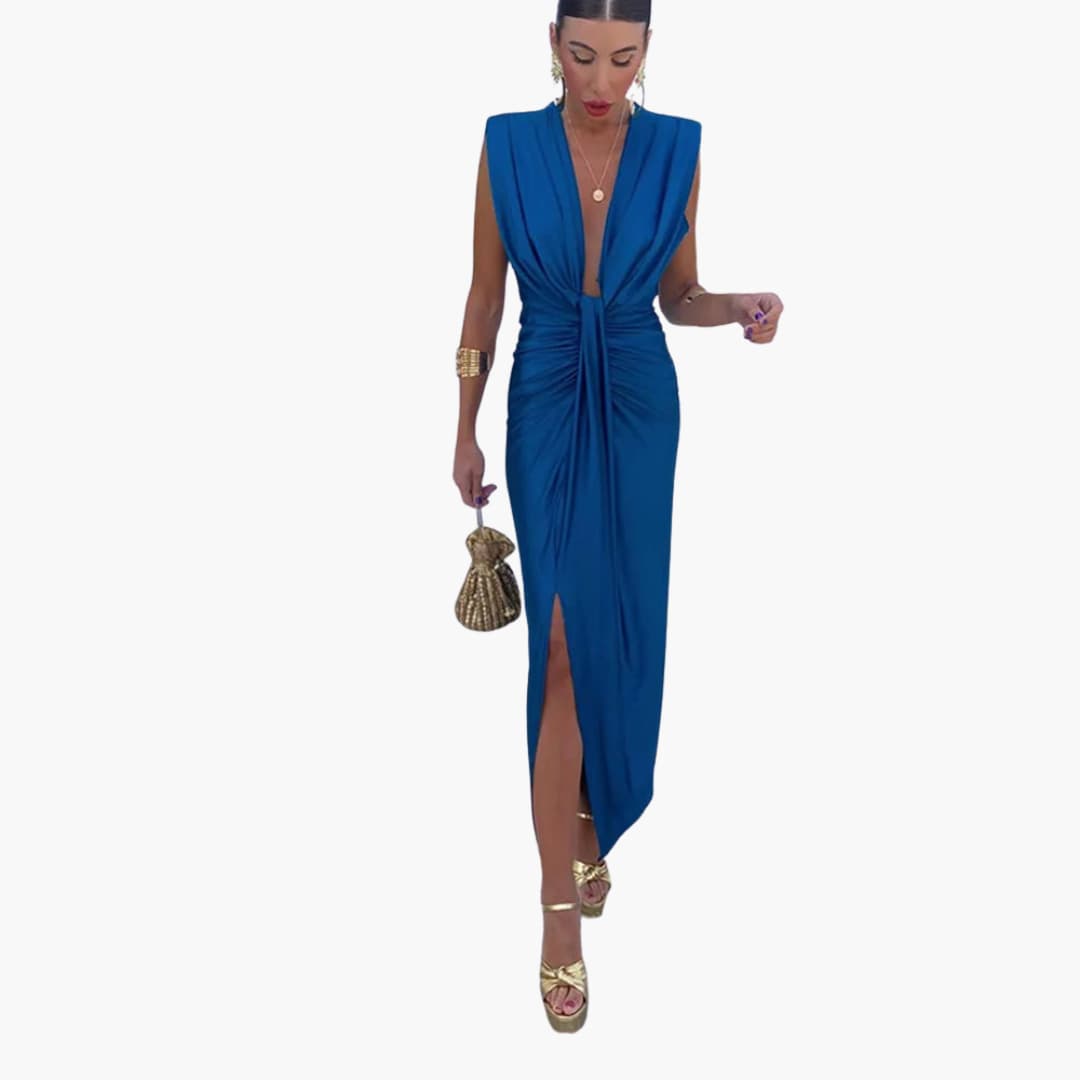 Women’s maxi dress with V-neckline and ruched waist