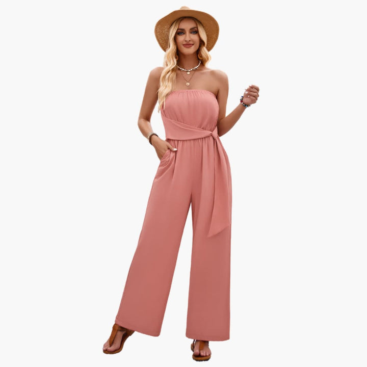 Women’s Strapless Jumpsuit with Waist Tie and Wide Legs