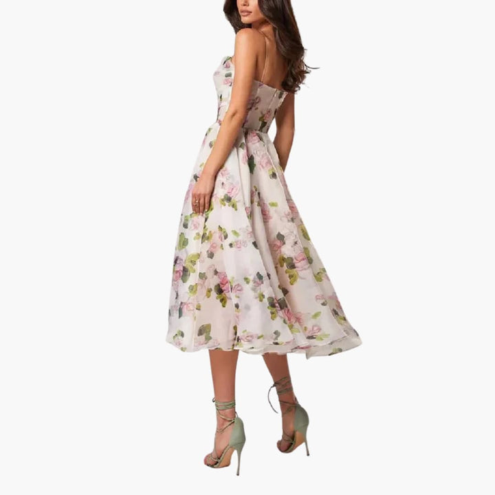 Women’s Floral A-Line Midi Dress with Spaghetti Straps and Fitted Bodice
