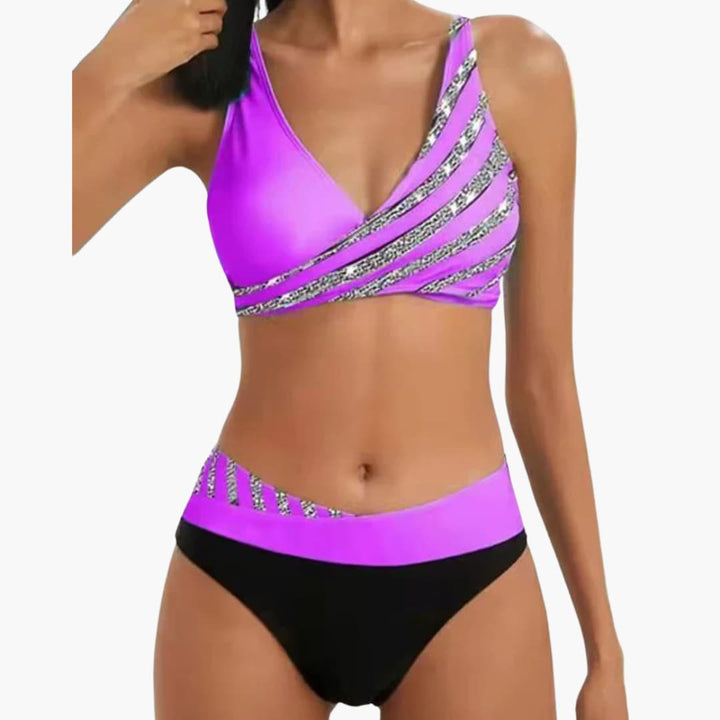 Women’s Two-Piece Bikini Set with Striped and Sparkly Finish