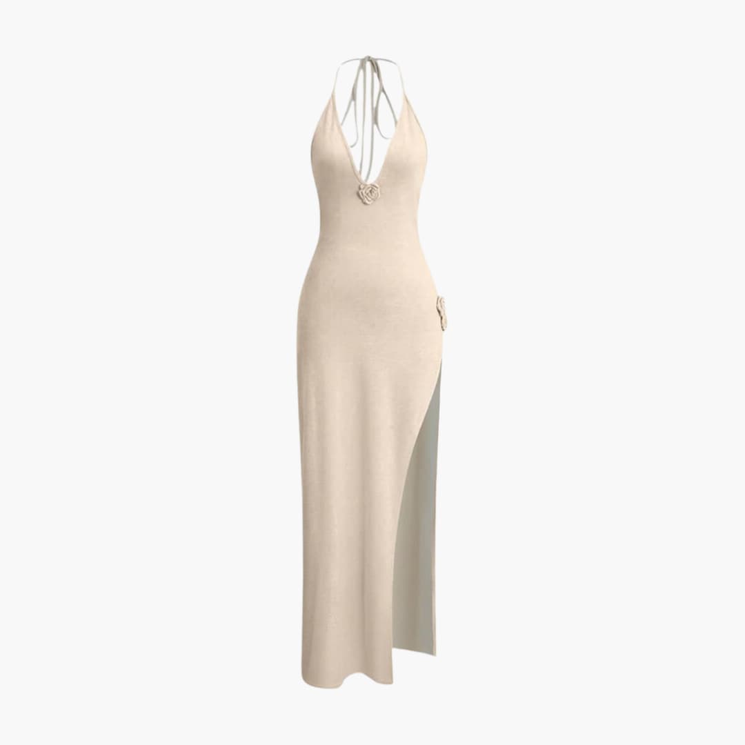 Women’s Halter Maxi Dress with Backless Design and Side Slit